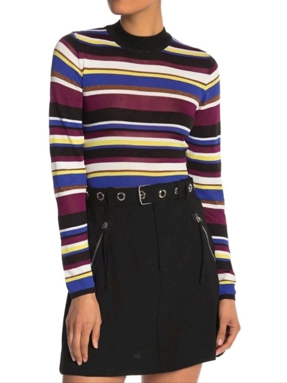 Rachel Roy Victorian Stripe Cut Out Back Slinky Pullover Top Metallic Nylon LG